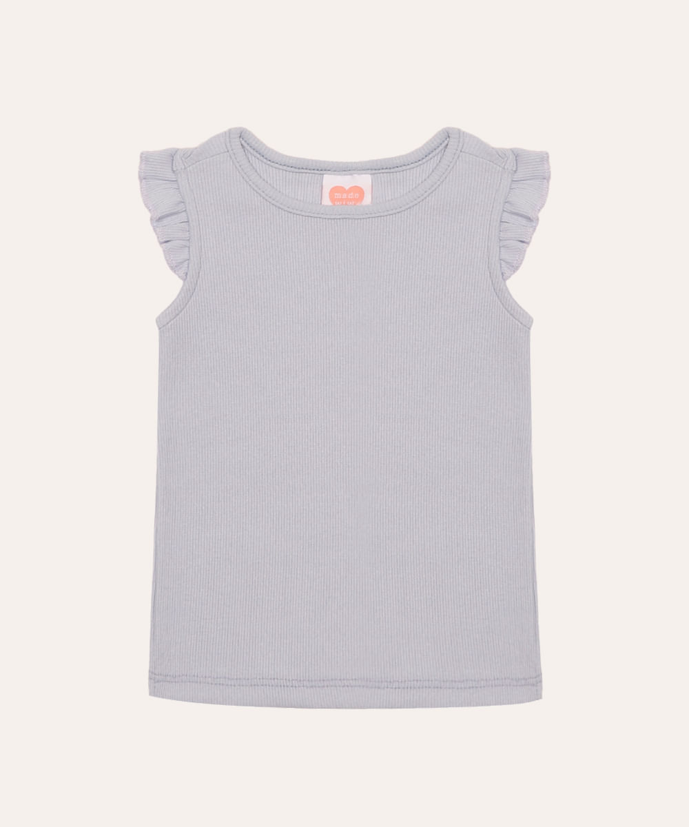 blusa de algodão infantil canelada com babado azul