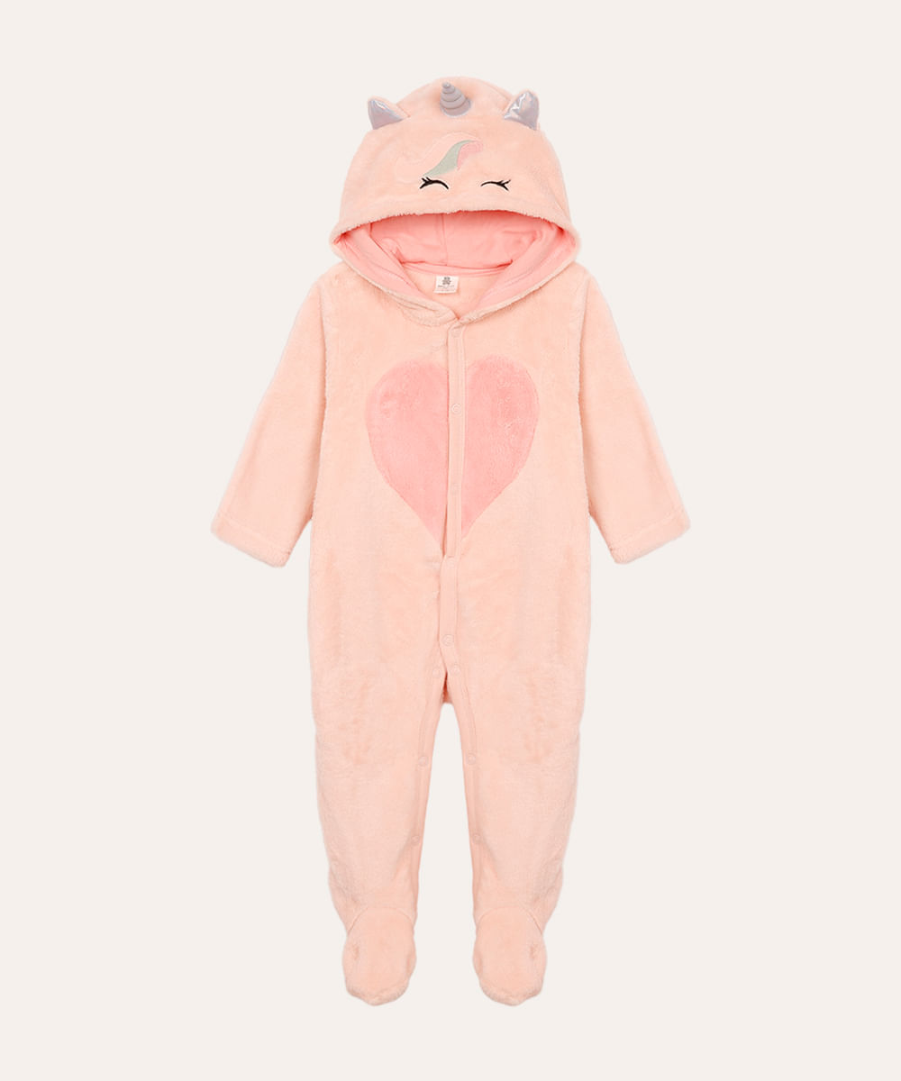 macacão de pelúcia com capuz infantil unicórnio rosa