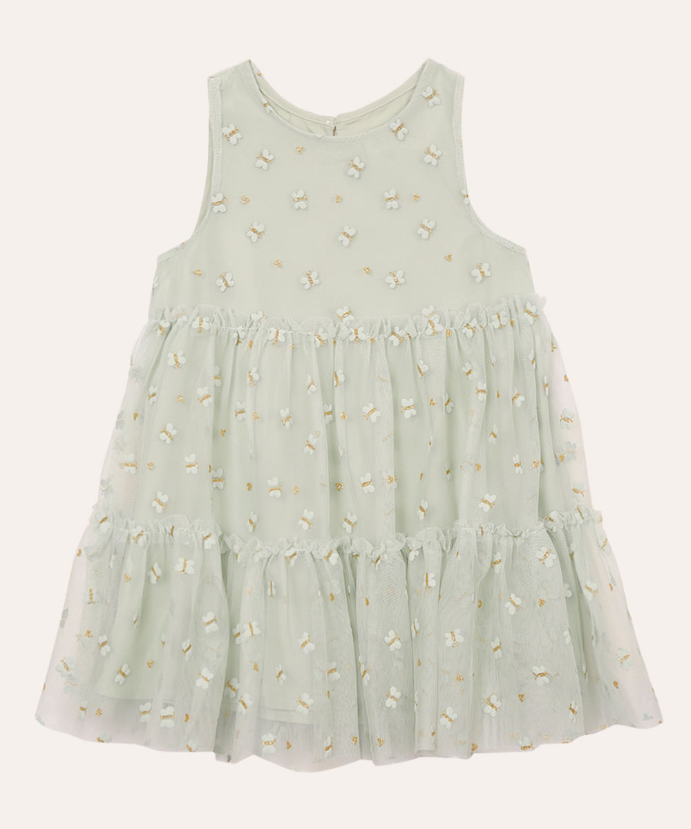 vestido de tule infantil com borboletas verde militar