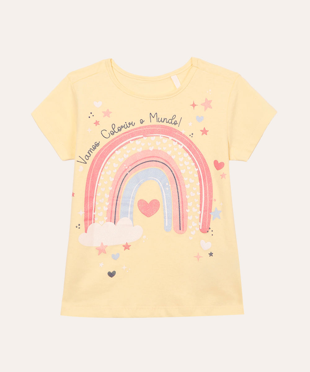 blusa infantil de algodão arco-íris manga curta amarela