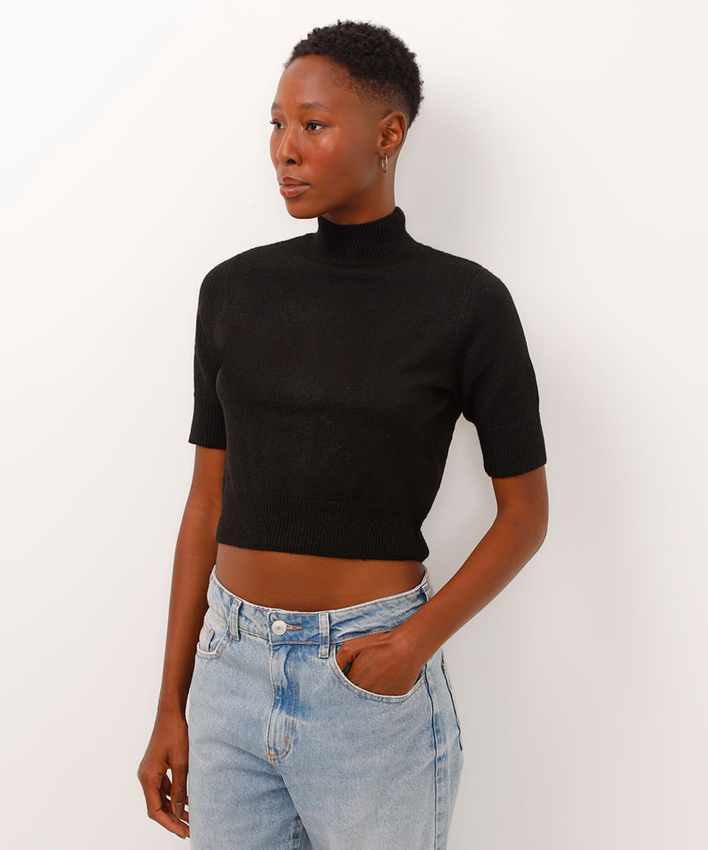blusa cropped de tricot gola alta manga curta preta