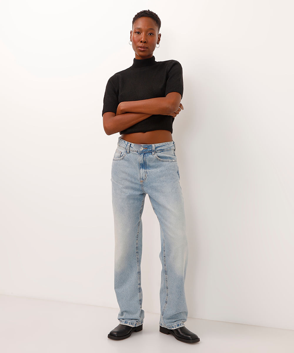 blusa cropped de tricot gola alta manga curta preta