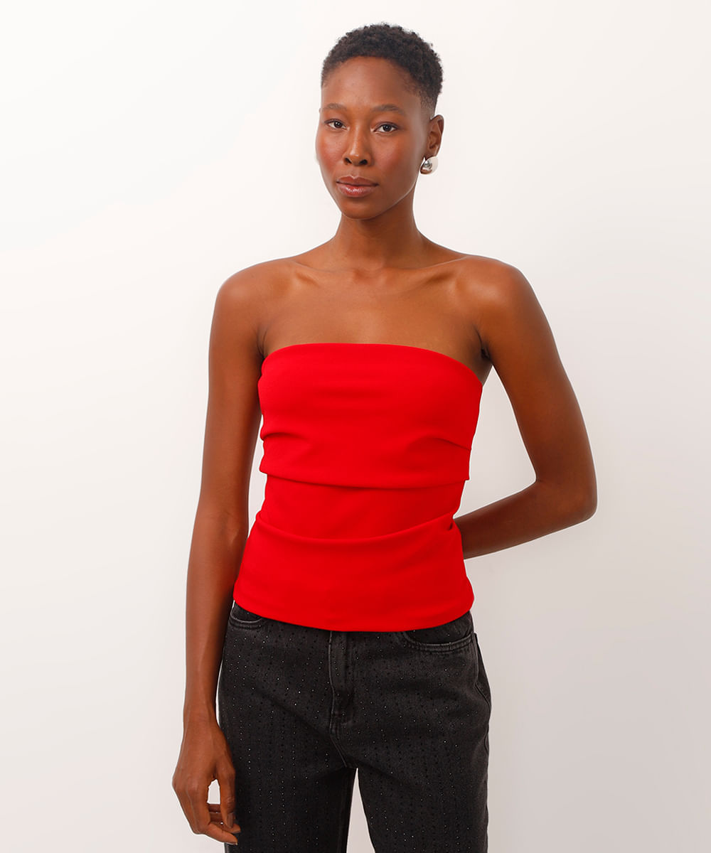 blusa drapeada sem alça vermelho