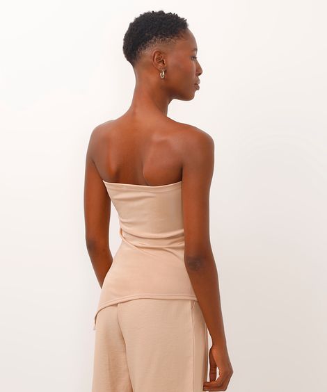 blusa sem alça assimétrica com franzido bege