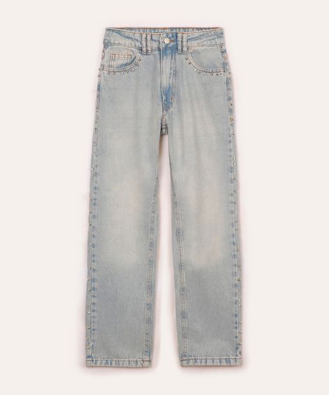 calça jeans reta juvenil com tachas azul