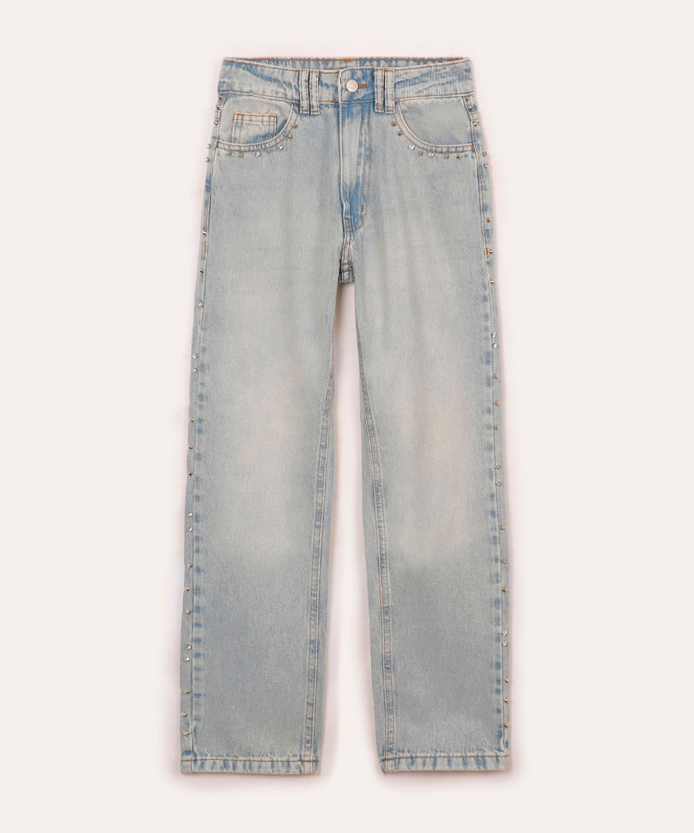 calça jeans reta juvenil com tachas azul