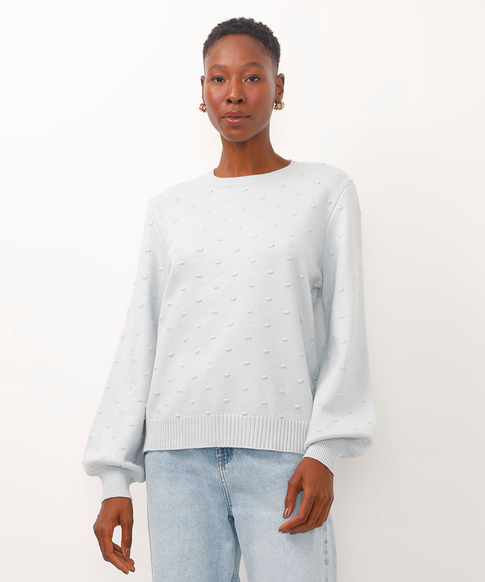 blusa de tricot manga bufante texturizada em poá azul