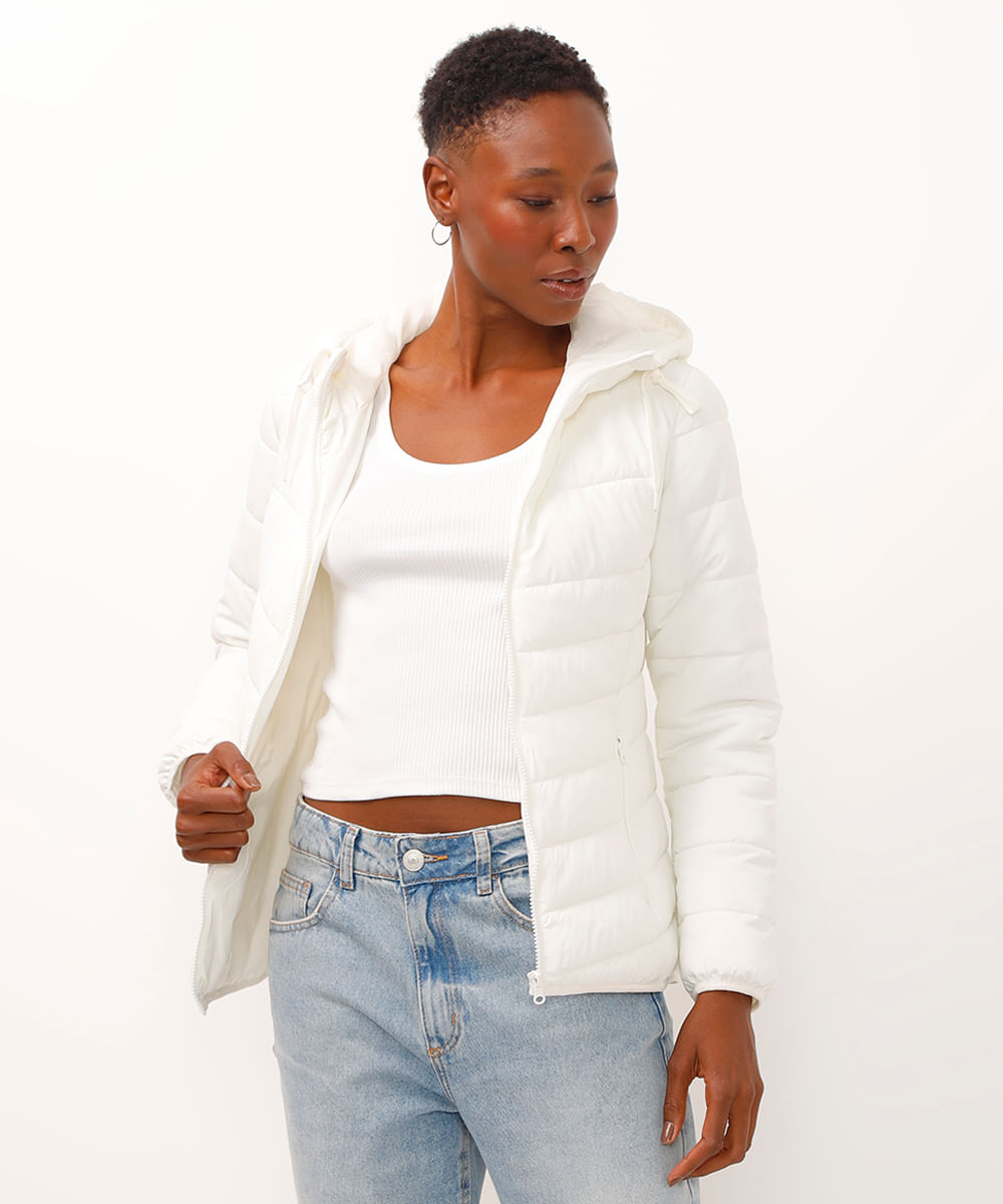 jaqueta alongada puffer com capuz - off white