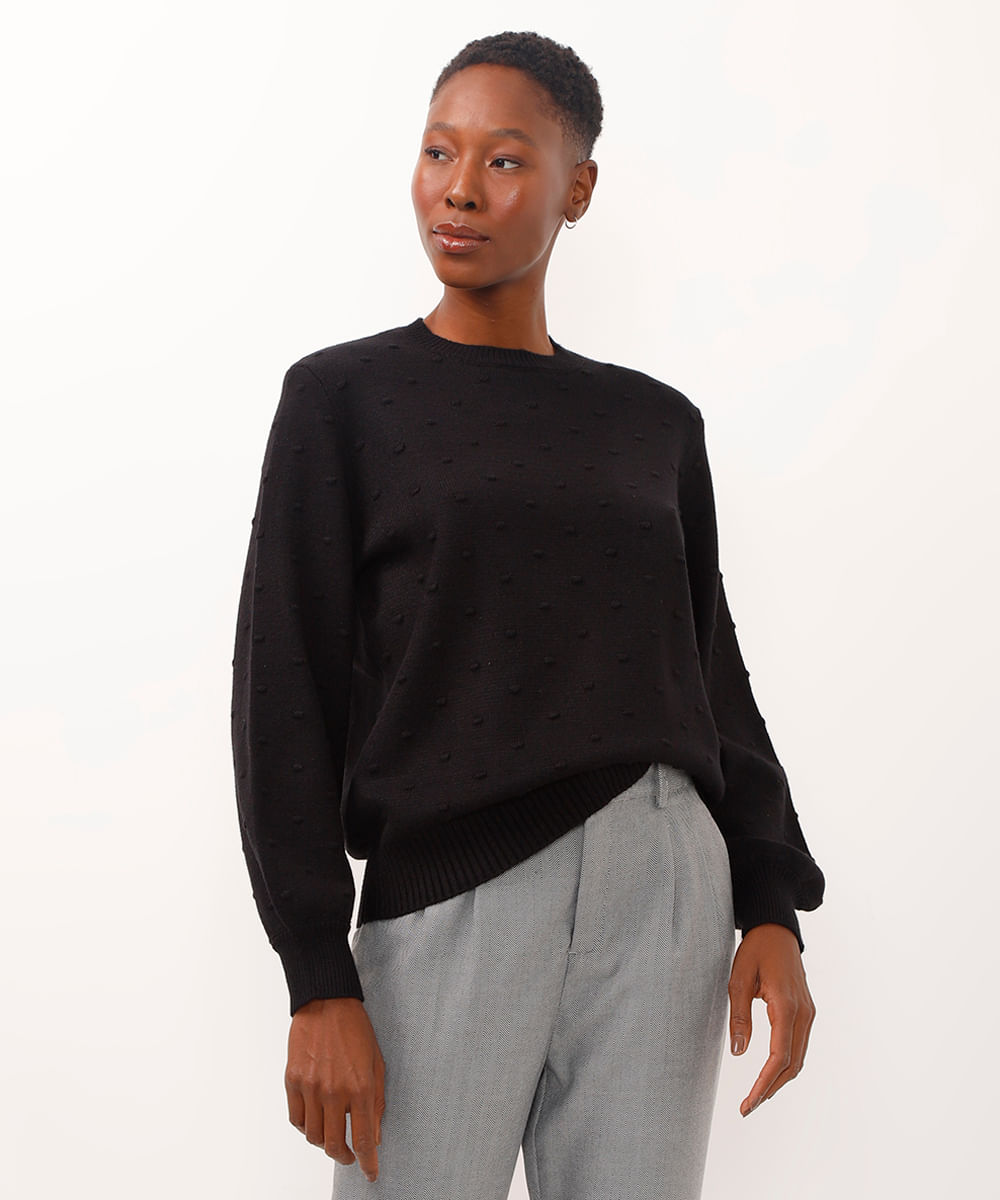 blusa de tricot manga bufante texturizada em poá preta
