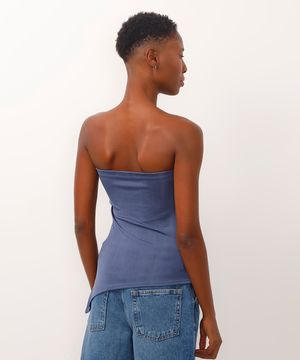 blusa sem alça assimétrica com franzido azul