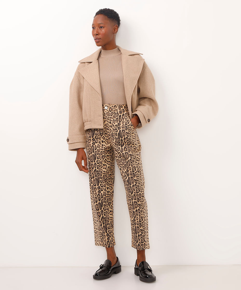 calça baggy de sarja cintura super alta animal print bege