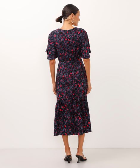 vestido midi de viscose com recortes floral azul marinho