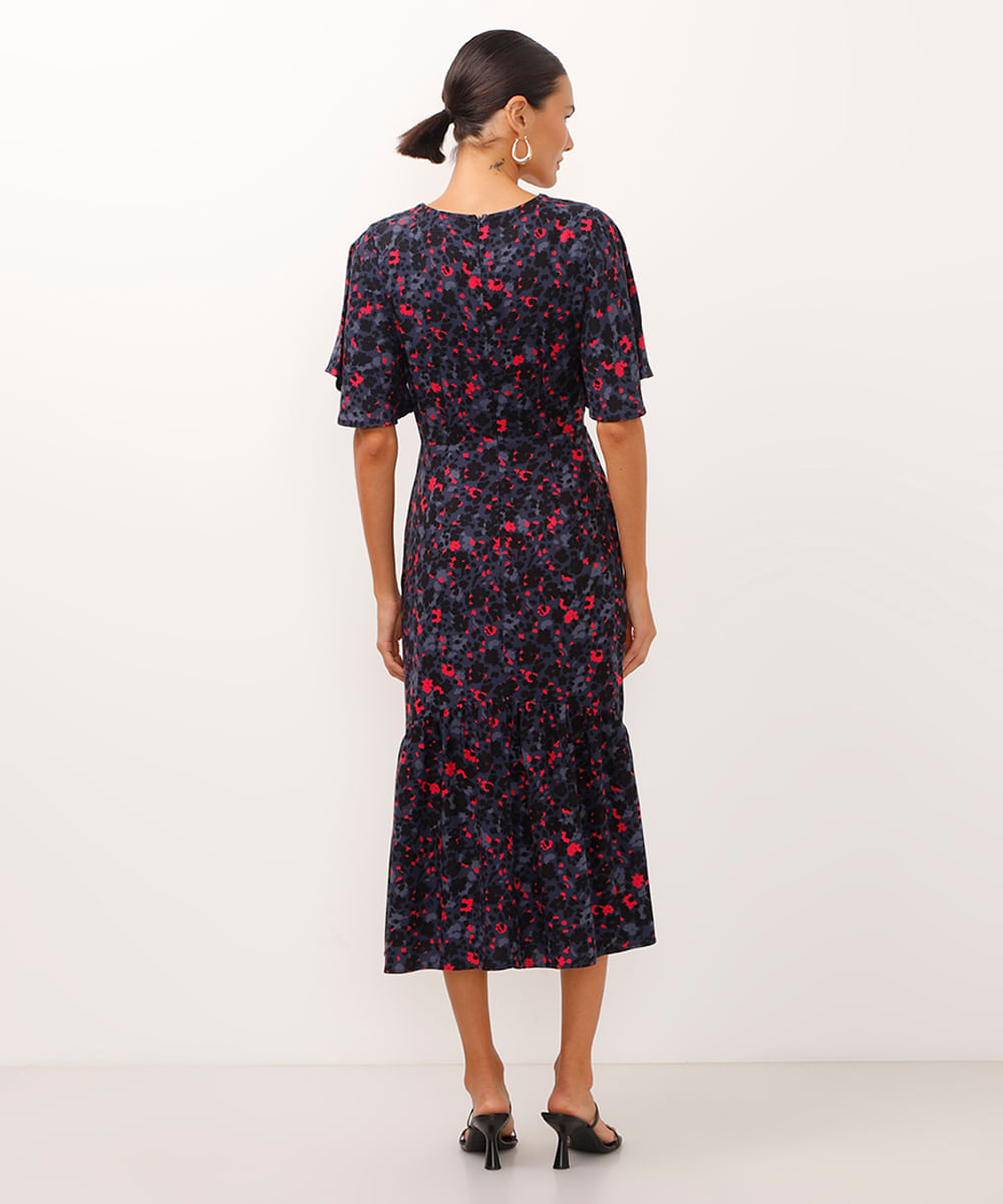 vestido midi de viscose com recortes floral azul marinho