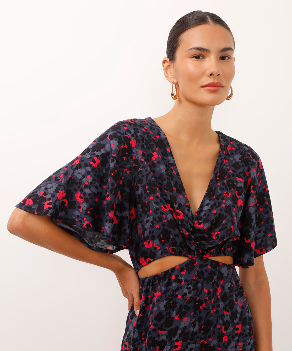vestido midi de viscose com recortes floral azul marinho