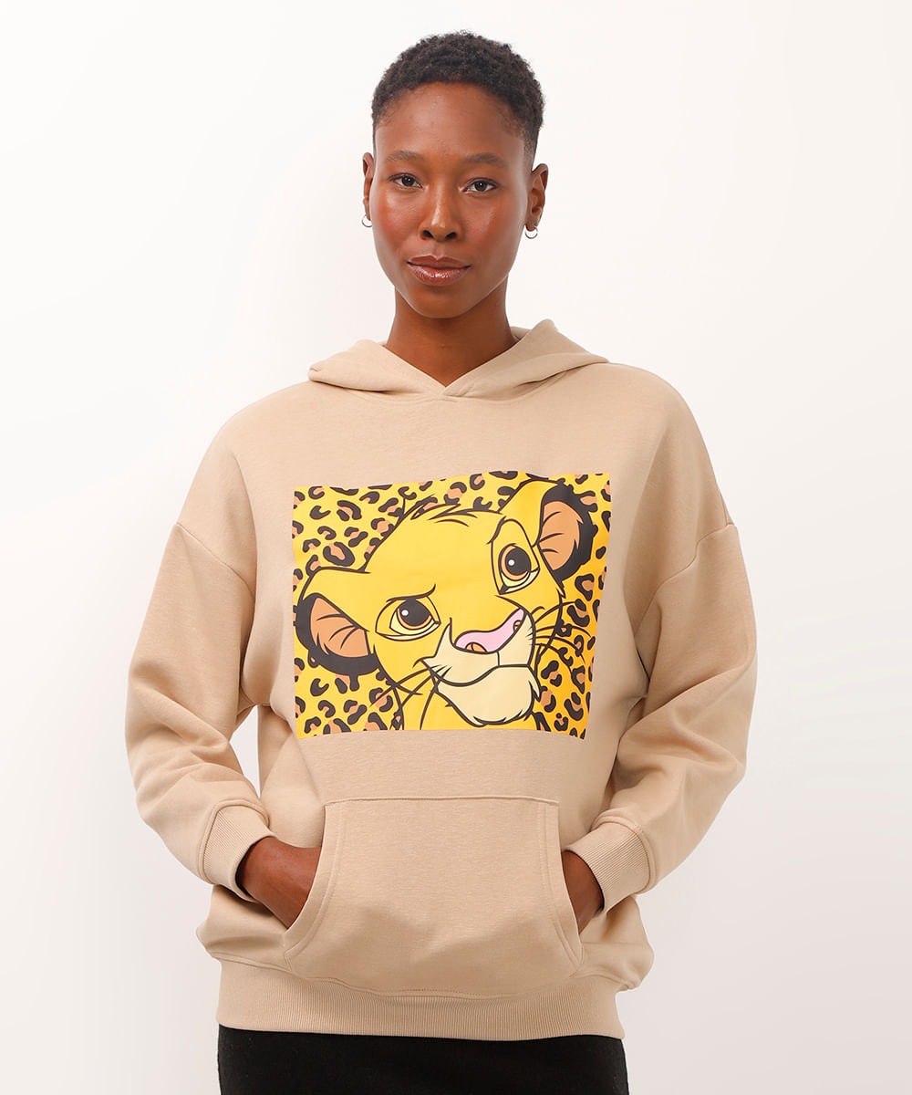 blusão de moletom com capuz e bolso simba bege