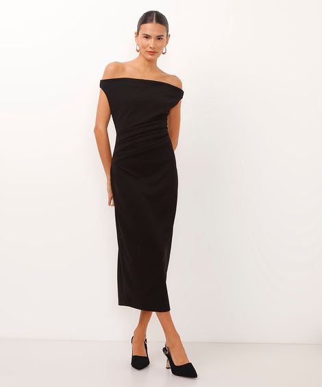 vestido midi ombro a ombro com franzido preto