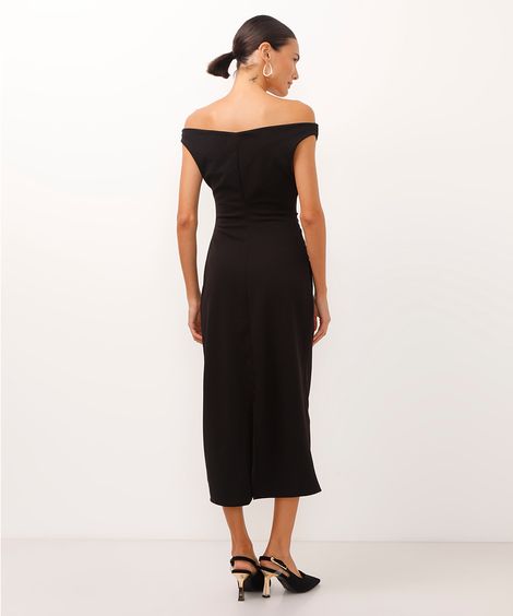 vestido midi ombro a ombro com franzido preto