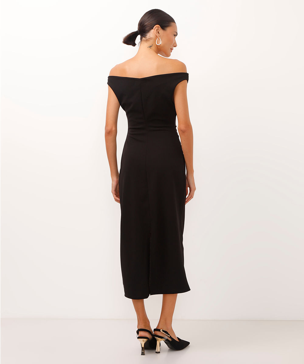 vestido midi ombro a ombro com franzido preto