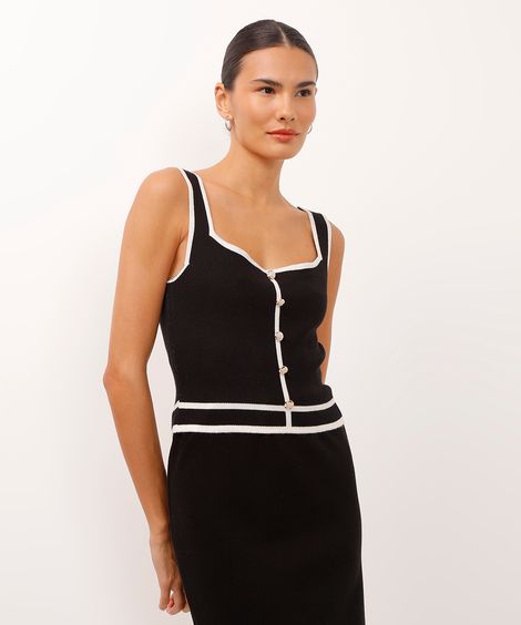 regata cropped de tricot bicolor com botão preta