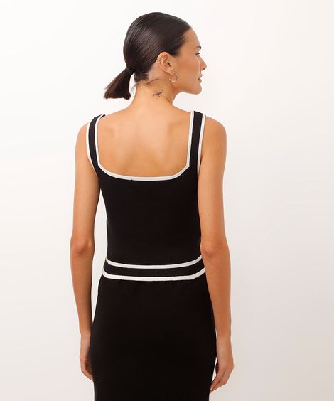 regata cropped de tricot bicolor com botão preta
