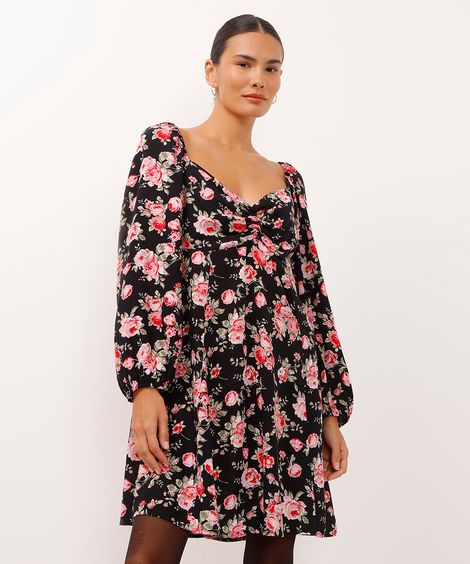 vestido curto de viscose manga bufante floral preto