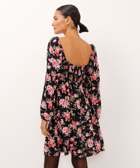 vestido curto de viscose manga bufante floral preto