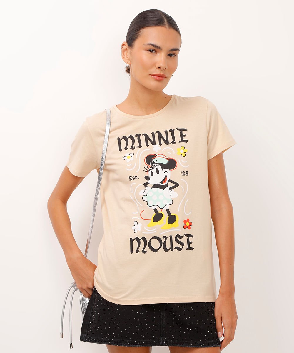 camiseta de algodão manga curta minnie bege