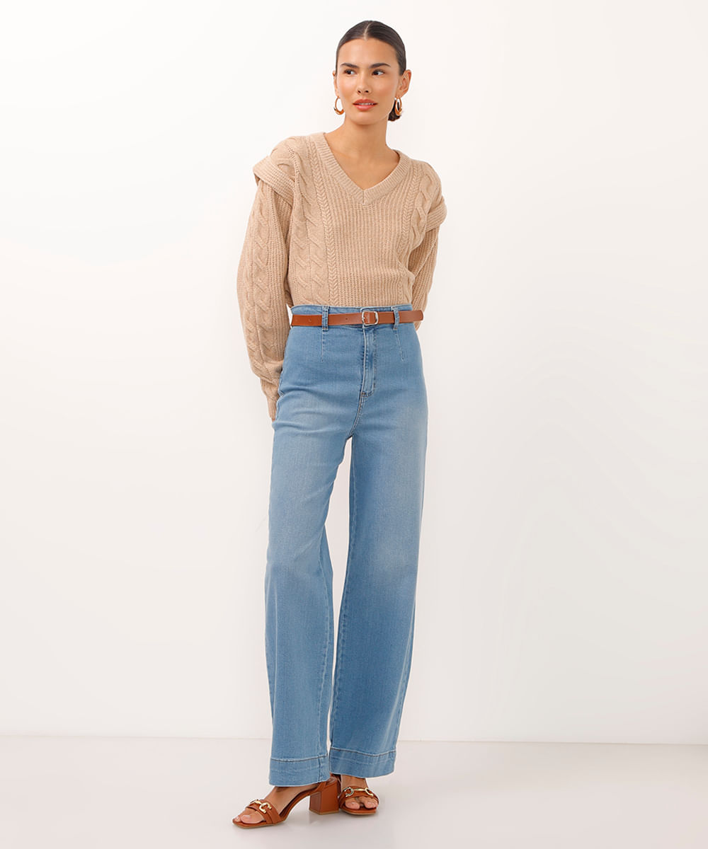 calça wide leg slim jeans cintura super alta com cinto azul