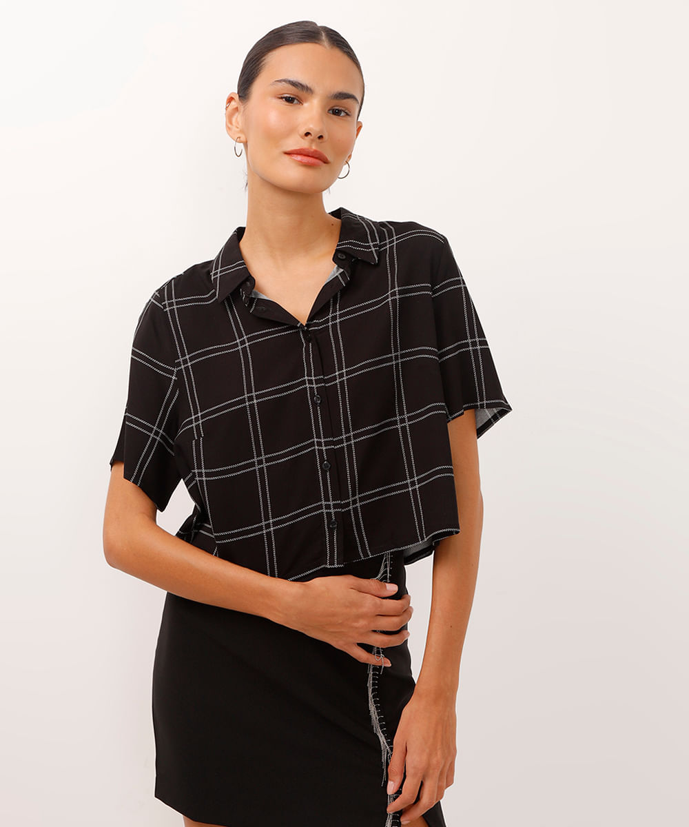 camisa cropped de viscose xadrez preto