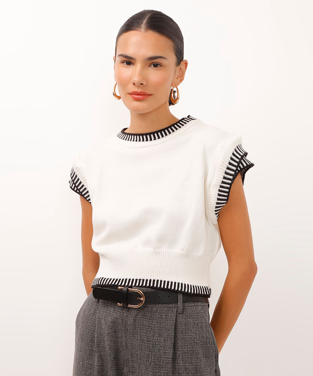 blusa cropped de tricot manga japonesa bicolor off white