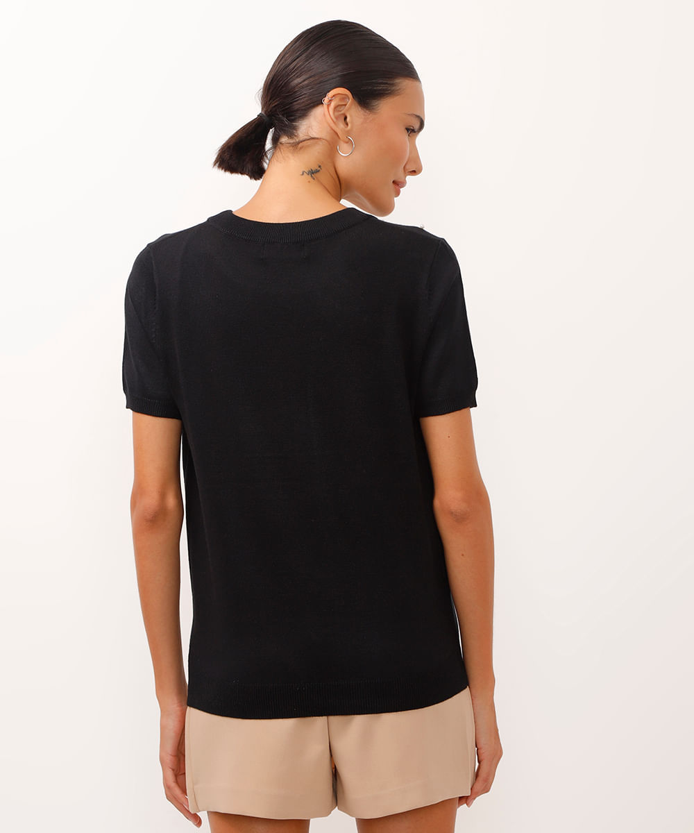 blusa de tricot manga curta com pérolas preta
