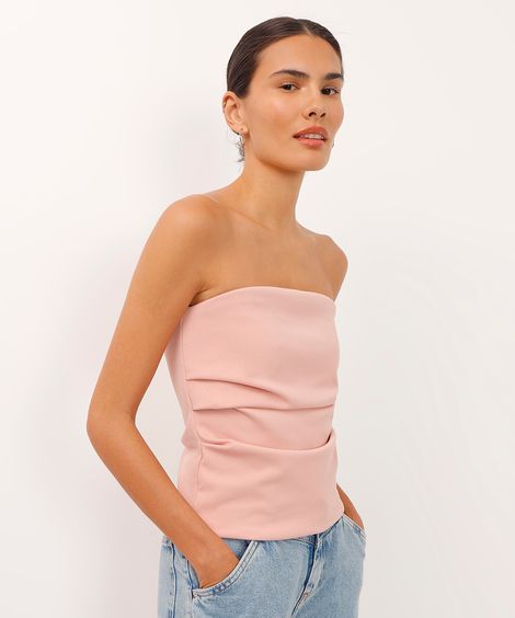 blusa drapeada sem alça rosa