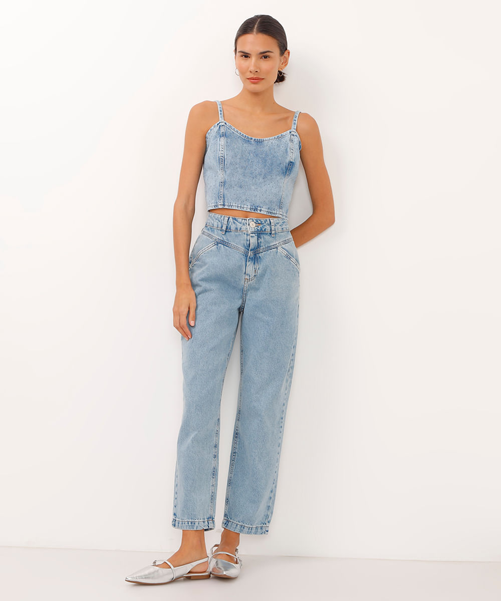calça reta comfort jeans cintura super alta com recortes azul