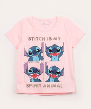 blusa juvenil manga curta stitch rosa claro