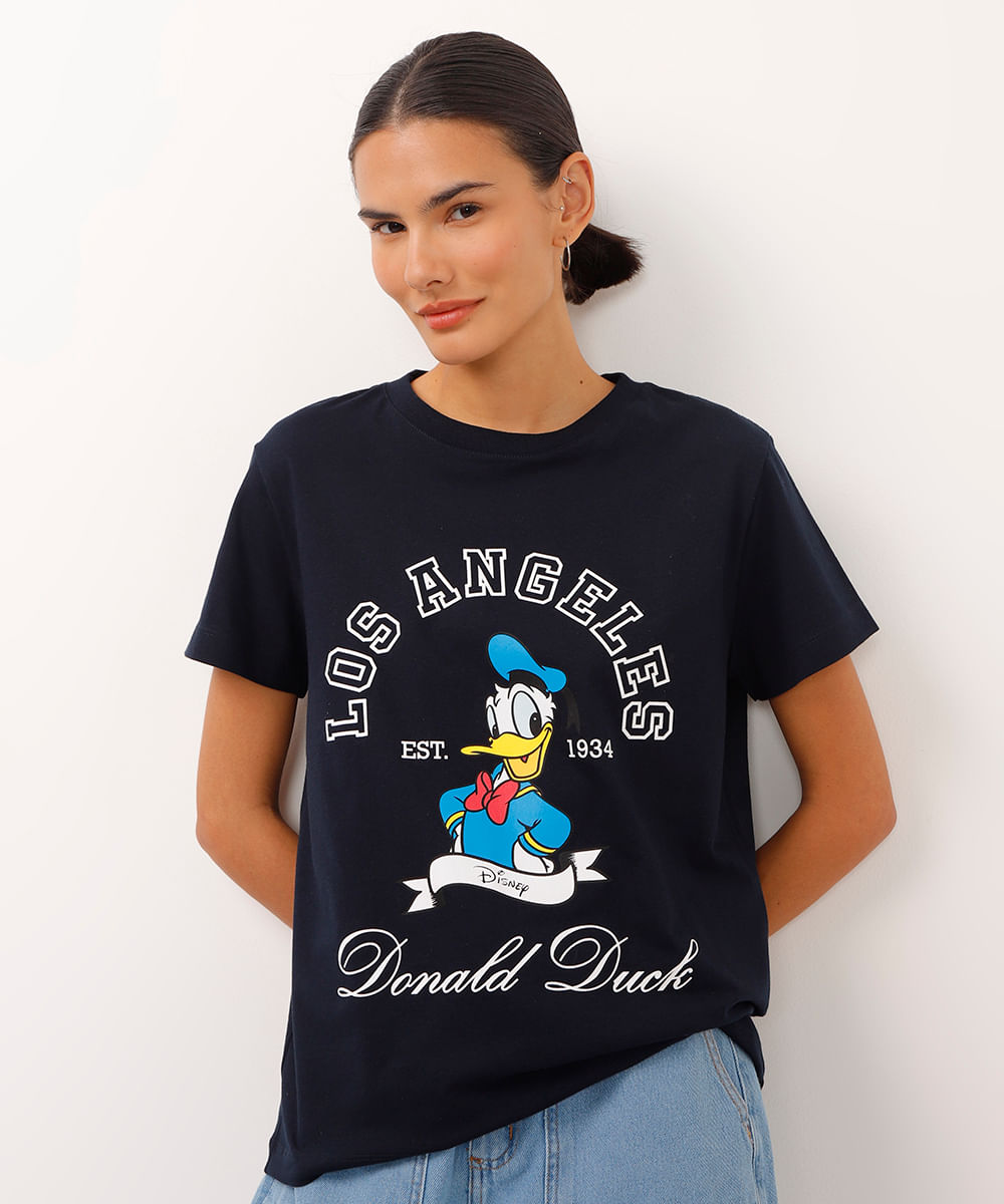 camiseta de algodão manga curta pato donald azul marinho