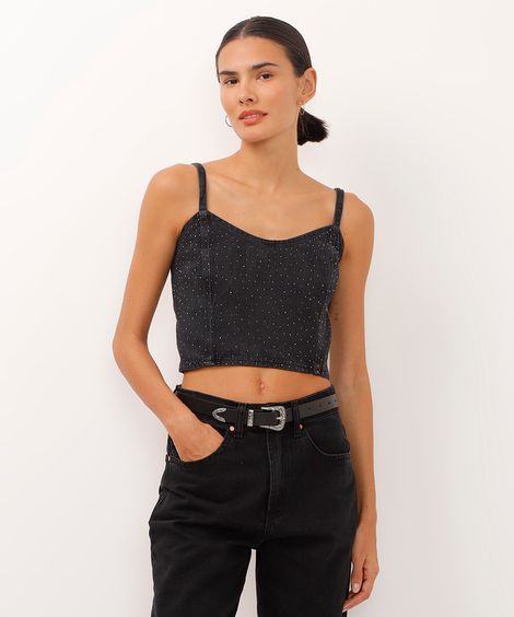 top cropped jeans decote coração alça fina com brilhos preto