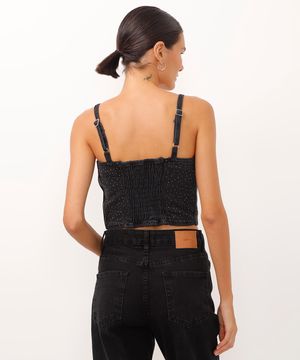 top cropped jeans decote coração alça fina com brilhos preto