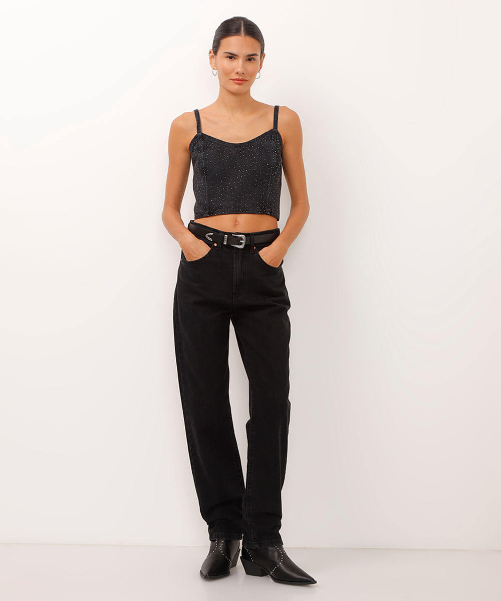 top cropped jeans decote coração alça fina com brilhos preto