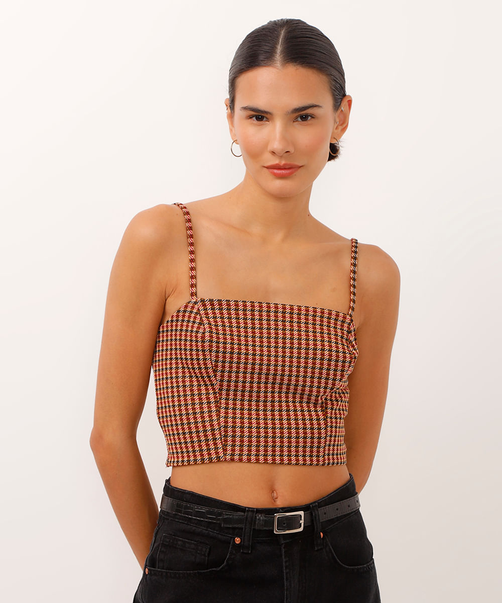 top cropped xadrez jacquard bege
