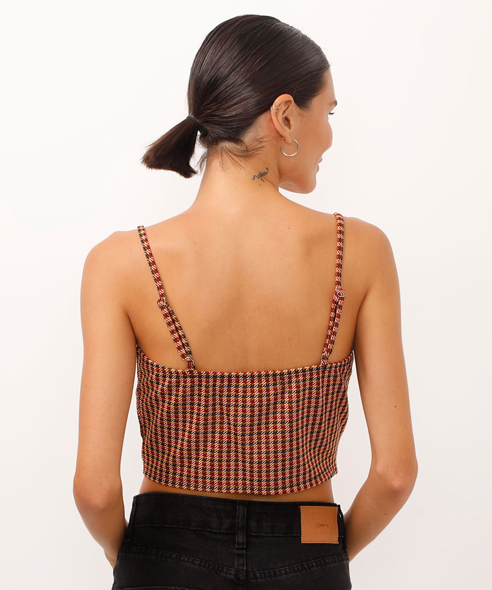 top cropped xadrez jacquard bege