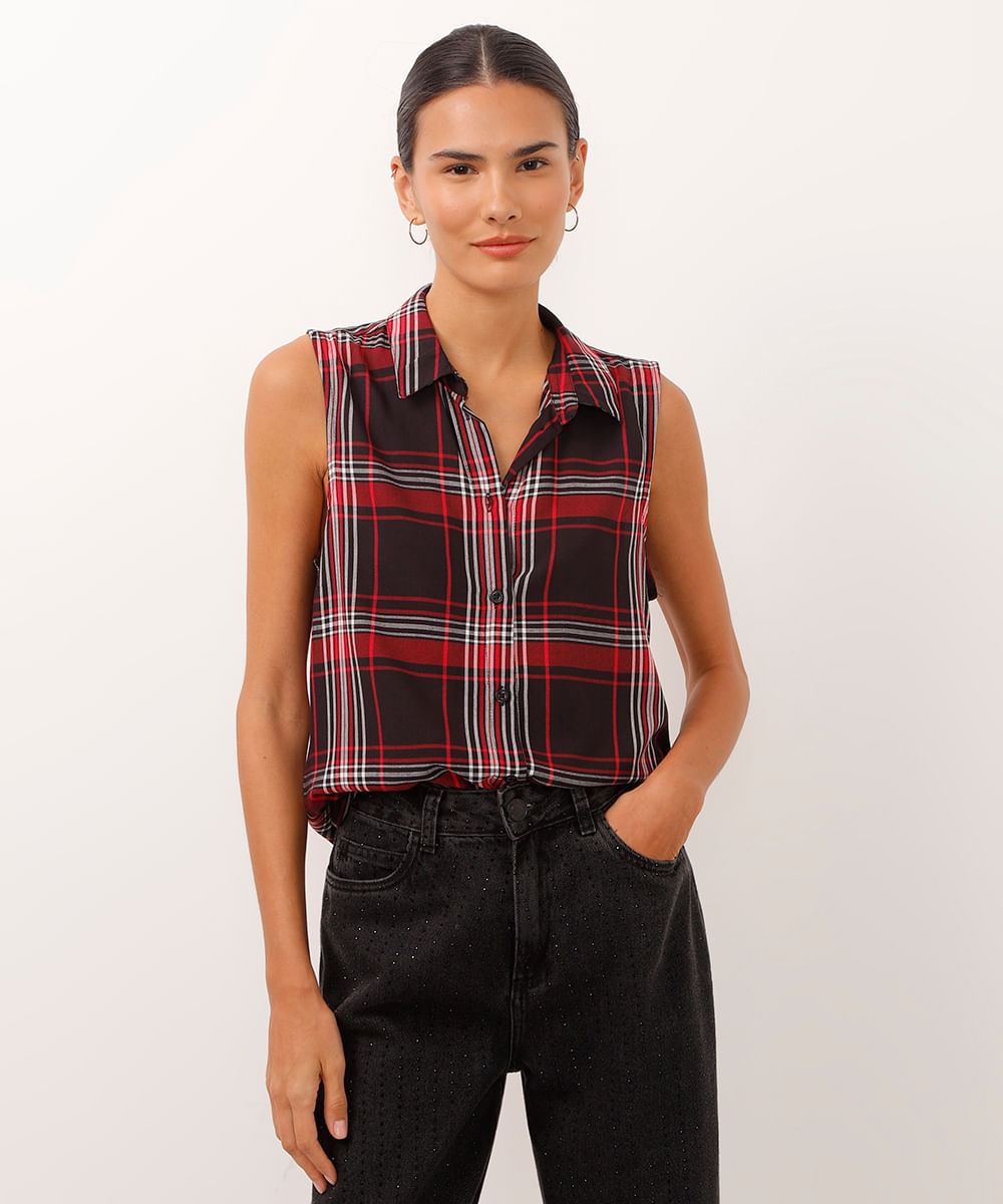 camisa de viscose sem manga xadrez preta