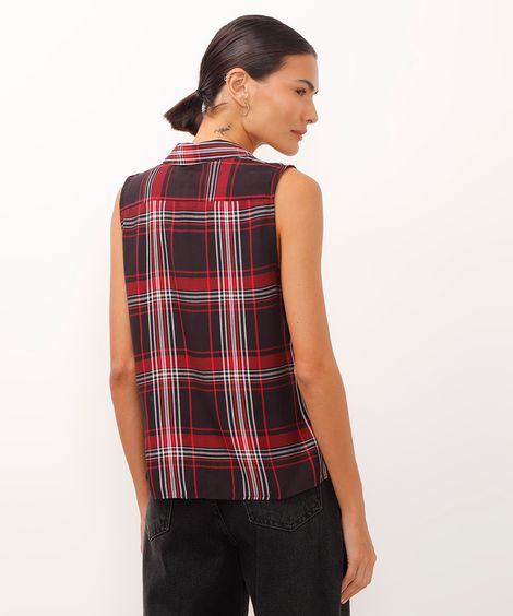 camisa de viscose sem manga xadrez preta
