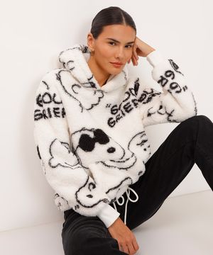 blusão de pelúcia com capuz e bolso snoopy off white