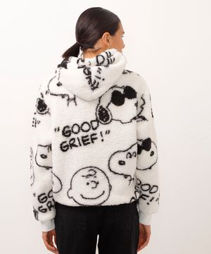 blusão de pelúcia com capuz e bolso snoopy off white