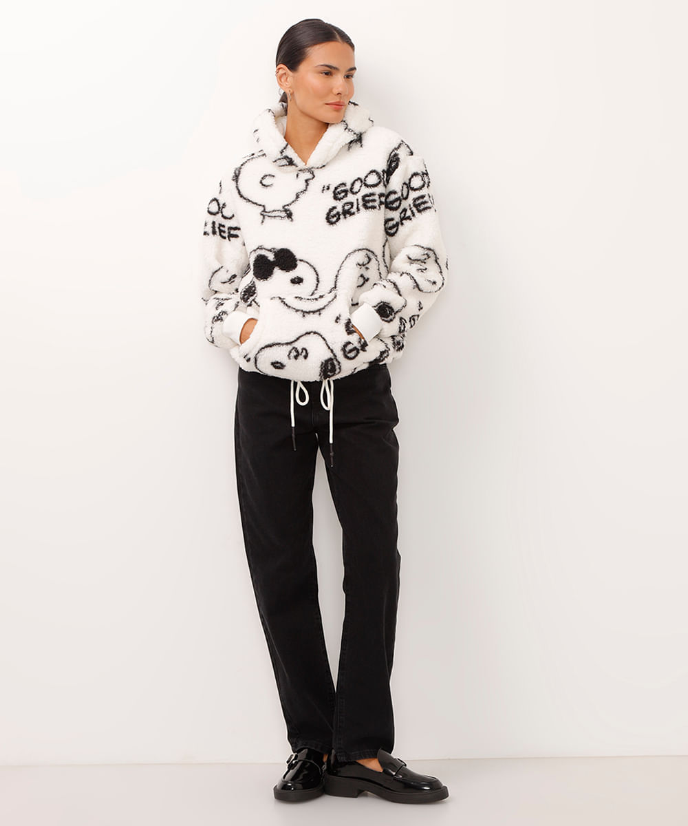 blusão de pelúcia com capuz e bolso snoopy off white