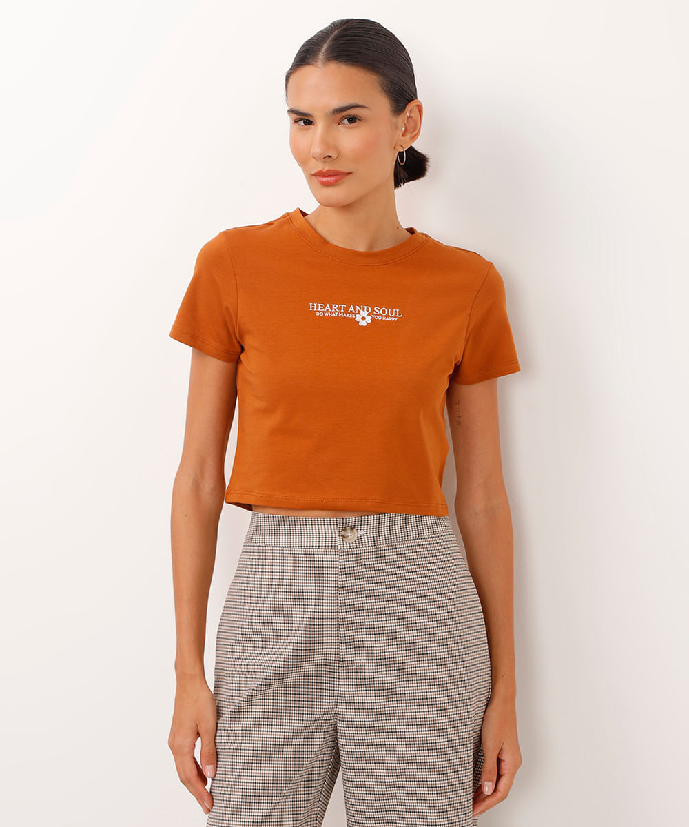 camiseta de algodão cropped heart and soul marrom