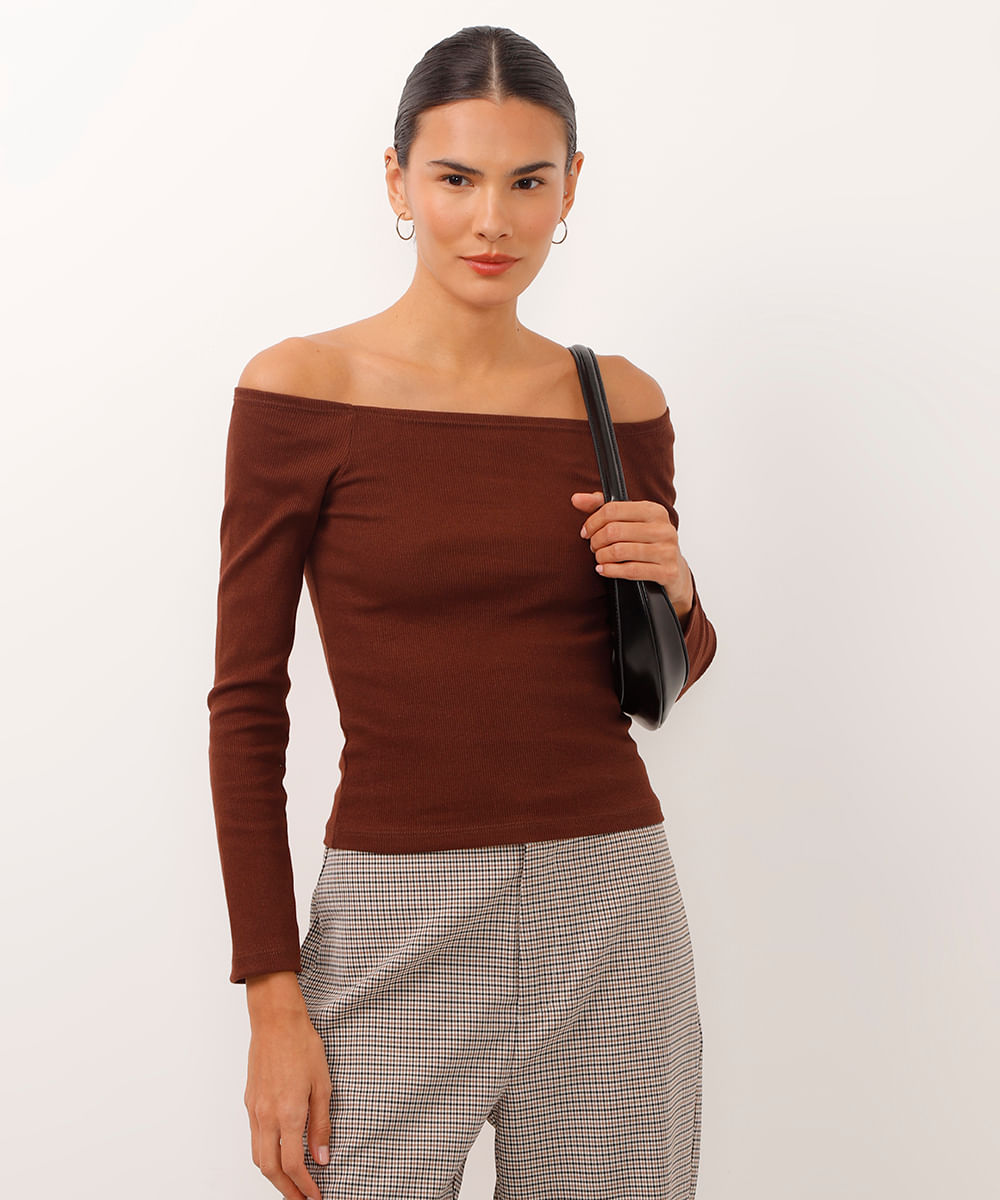 blusa cropped de algodão ombro a ombro marrom