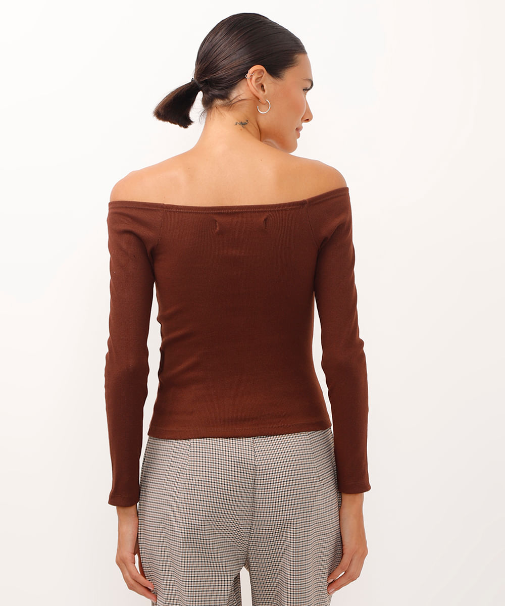 blusa cropped de algodão ombro a ombro marrom