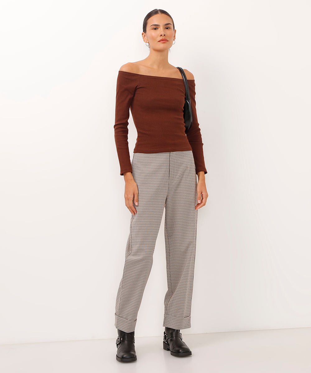 blusa cropped de algodão ombro a ombro marrom