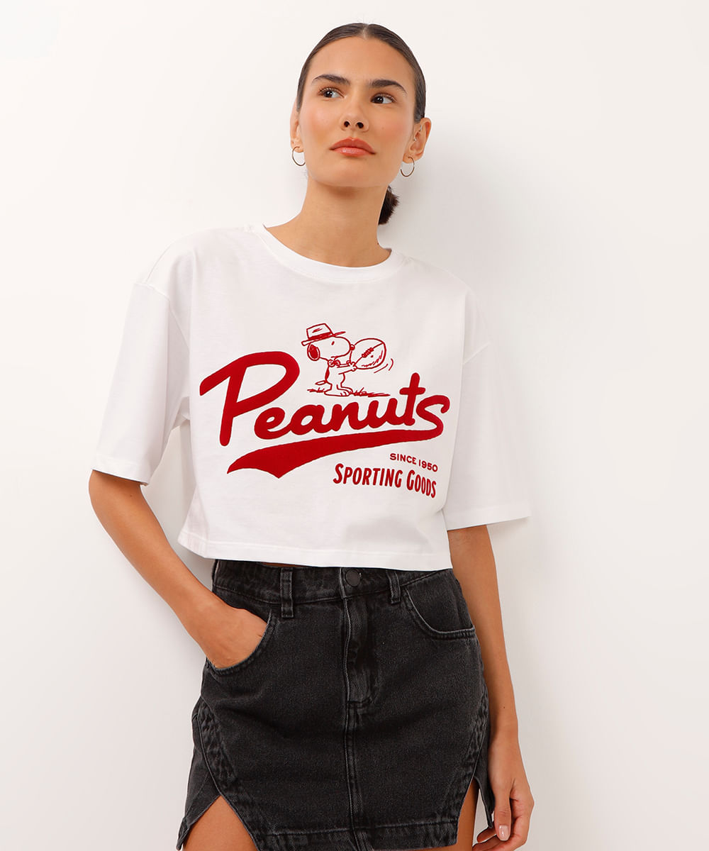 camiseta cropped manga curta snoopy off white
